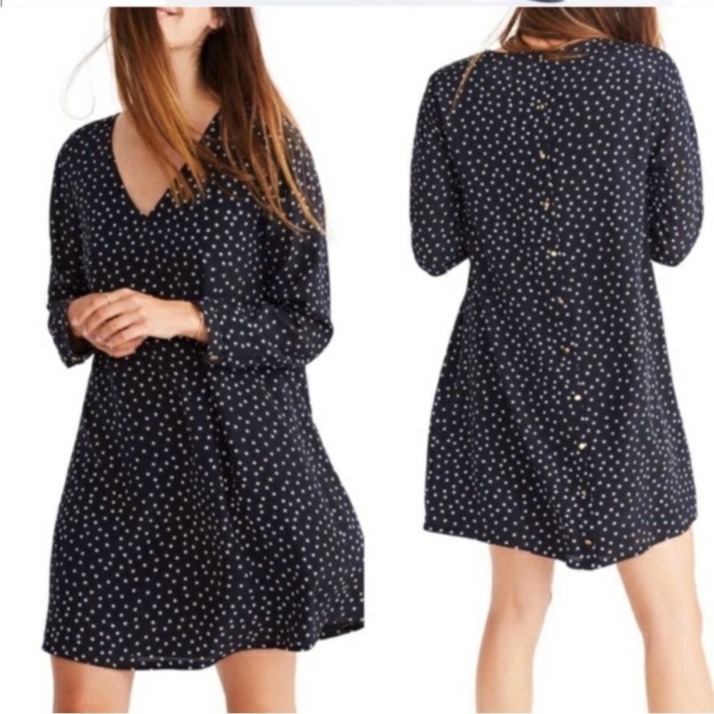 Madewell Black Silk Dainty Star Dress  Long-Sleeve Flowy Above Knee V-neck XXS